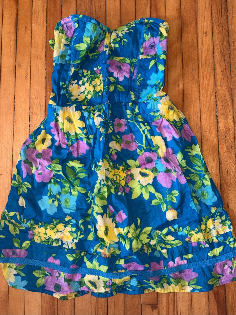 Aeropostale Blue Strapless Floral Sundress with Yellow & Purple Blooms